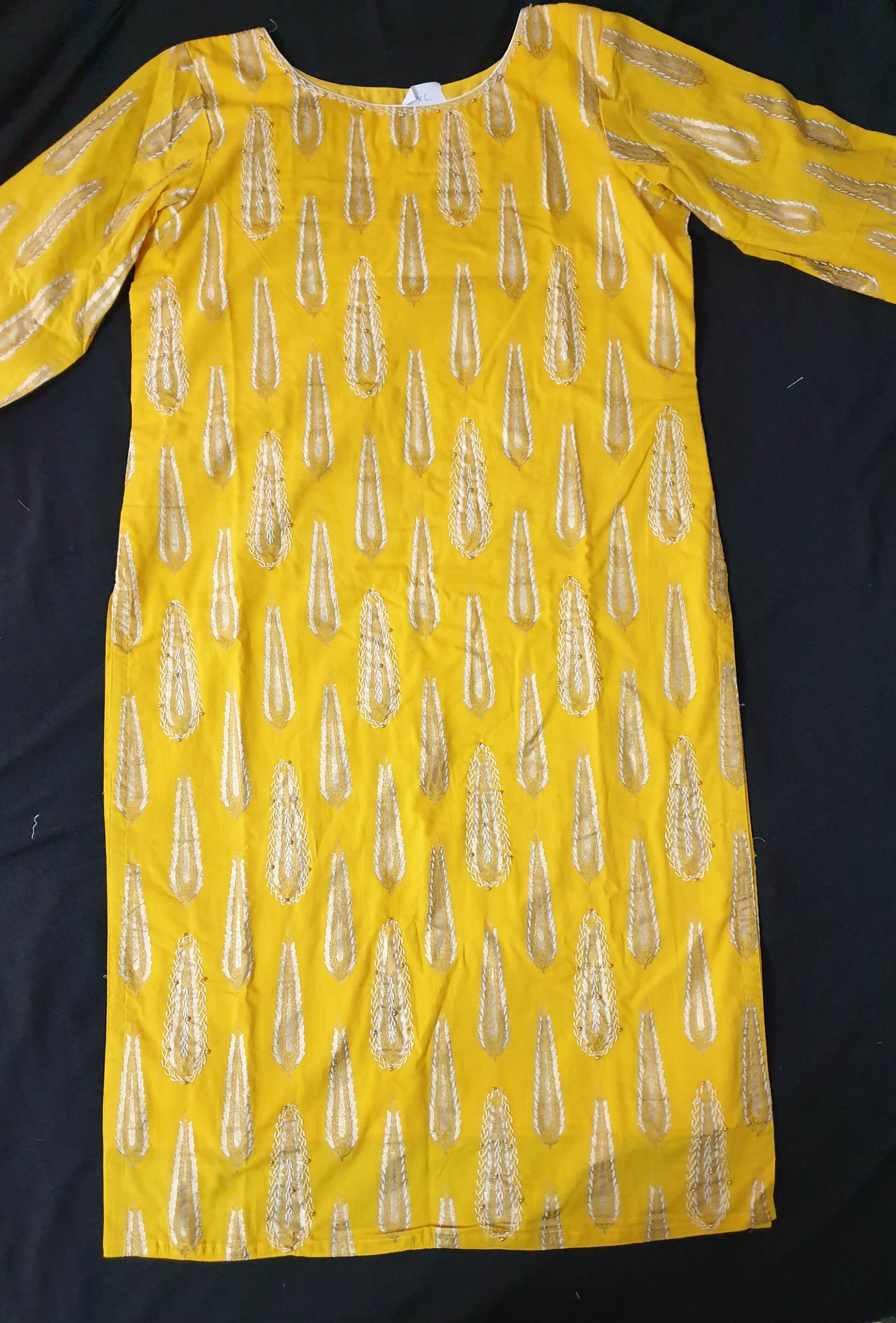 Yellow Cotton Kurti with Feather Hand Work